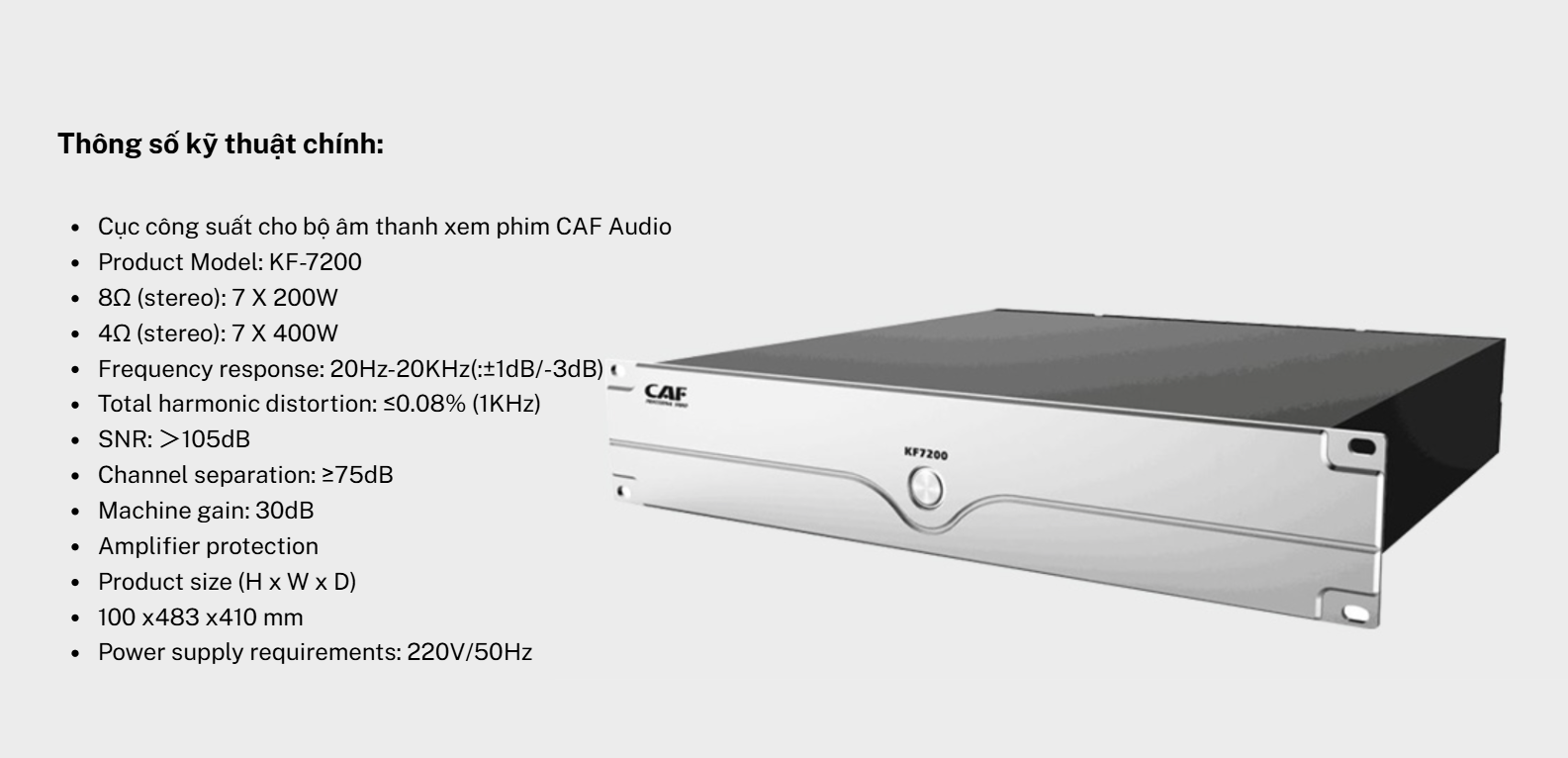 Thông số kỹ thuật sản phẩm Cục đẩy công suất CAF KF 7200 chính hãng