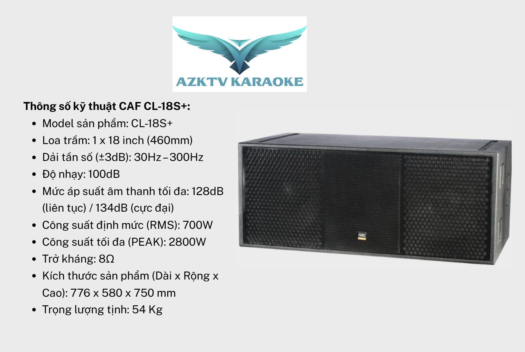 Thông số kỹ thuật chính của Loa sub CAF Bata-S218