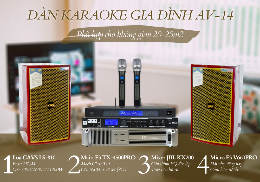 Dàn karaoke gia đình AV-14 được phối ghép chuẩn cho các phòng hát có diện tích khoảng 20-25m2