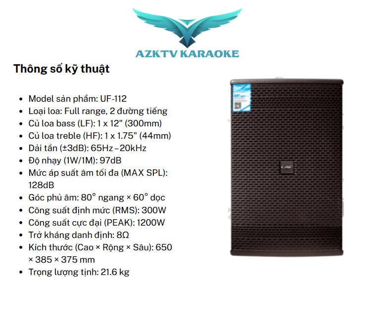 Thông số kỹ thuật loa CAF UF 112 chính hãng